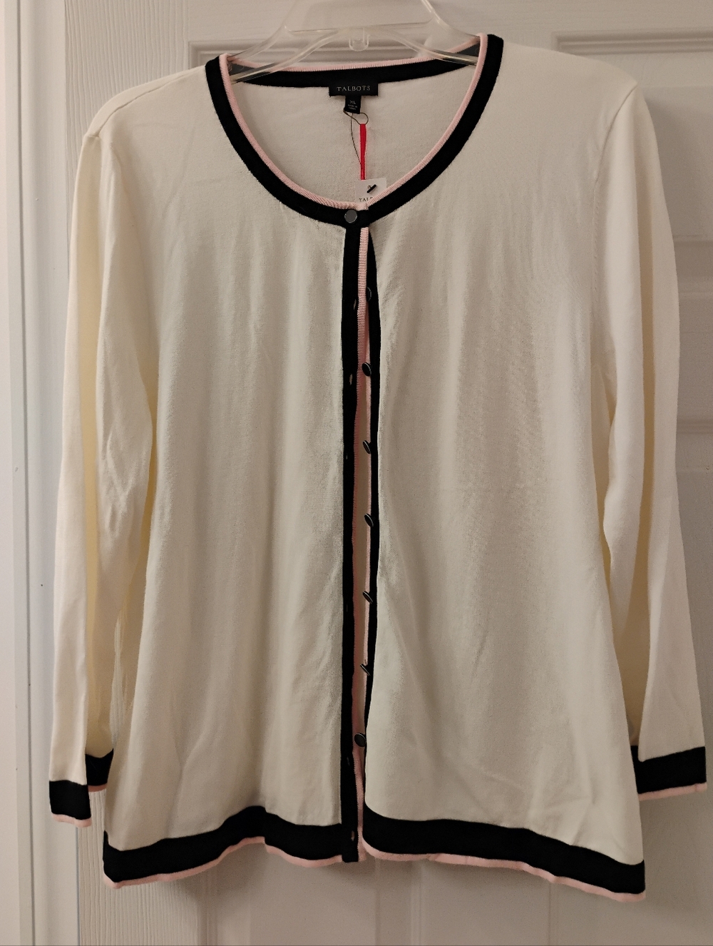 Talbots Cream Button-Front Cardigan with Navy and Pink Trim